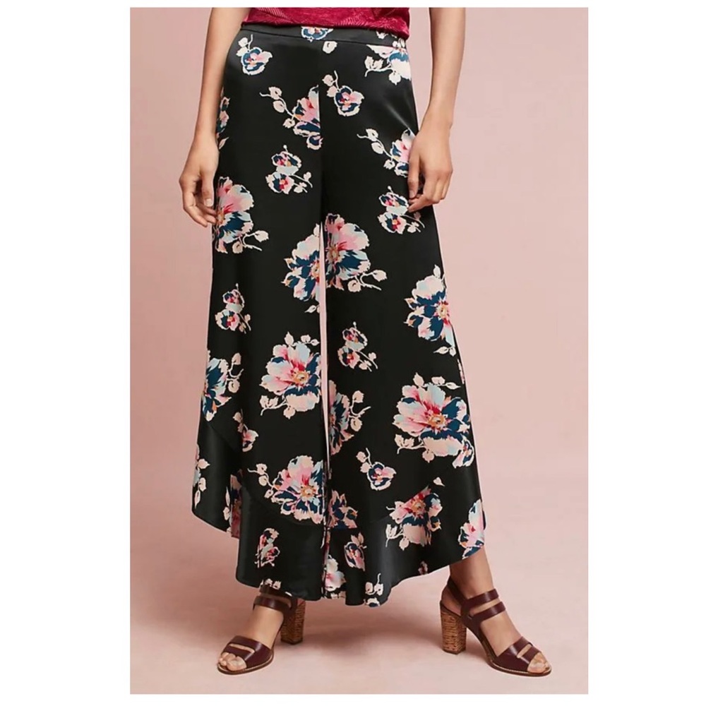 Anthropologie Elevenses Floral Tansy Ruffled Cropped Wide Leg Pants Size 6